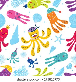 Cute octopuses have fun in the sea. Vector seamless pattern