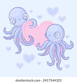 Cute octopuses in love with hearts. Kawaii character design. Valentines day vector illustration in pastel colors.