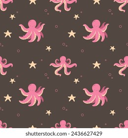 Cute octopuses seamless pattern on brown background. Vector illustration