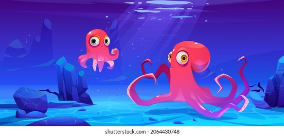 Cute octopuses swim under water in sea. Vector cartoon illustration of underwater ocean landscape with marine animals, seaweed and stones. Happy mother and baby cephalopods on sea bottom