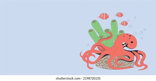 Cute octopuses swim under water in sea. Vector cartoon illustration of underwater ocean landscape with marine animals, seaweed and stones. fishes and Baby cephalopods on sea bottom.vector illustration