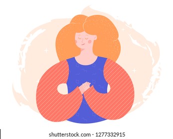 Cute odd character girl. Red hair, bright clothes, hands folded on top of each other. Vector illustration on pastel background.