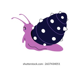 Cute offended snail back turned. Angry slug with decorated spiral shell. Dissatisfied snailfish feels sad. Annoyed cartoon character crawls away. Flat isolated vector illustration on white background