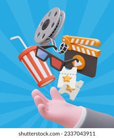 Cute offer to watch movie. Realistic hand, cinema theme objects. Vertical poster, rays on background. Template announcement, invitation, advertisement