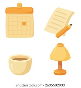 cute office attributes, coffee, lamp, calendar and notes