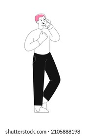 Cute office employee concept. Young man in black pants smiling and talking on smartphone with his friends or colleagues. Male character. Cartoon flat vector illustration isolated on white background