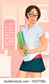 Cute office trainee holding a document folders and smiling.