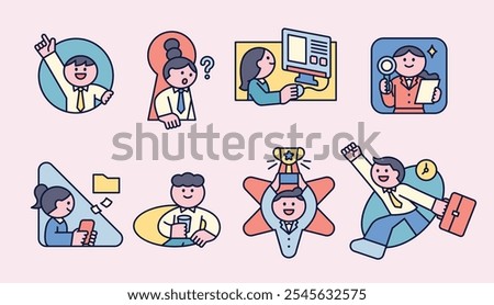 Cute office worker characters in various shaped frames. Cuttiny character with outline.