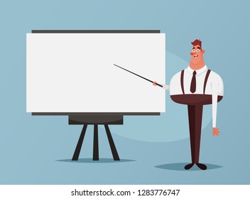 Cute Office Worker Giving a Presentation. Cartoon Style. Vector Illustration