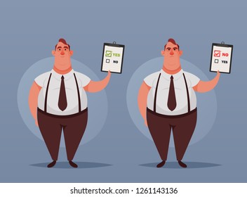 Cute Office Worker Holding Documents: Accepted and Denied. Cartoon Style. Vector Illustration