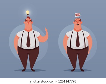 Cute Office Worker With Idea and Sign "Out of Order" Inside His Head. Cartoon Style. Vector Illustration