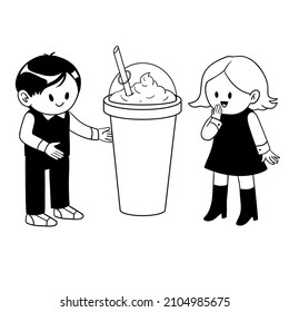 Cute office workers with milkshake. Isolated vector illustration in cartoon style.