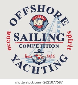 Cute offshore yachting sailing competition abstract vintage vector print for marine children kid wear for t-shirt sweatshirt pajamas