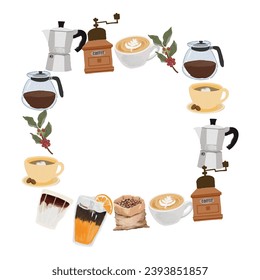cute oil brush style coffee elements wreath frame 