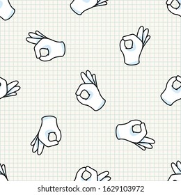 Cute ok hand symbol seamless vector pattern. Hand drawn expression gesture for simple stylized sign. Hand gesture home decor. Isolated communication concept all over print. 