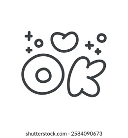 Cute "OK" word icon. Hand drawn "OK" lettering decorated with little heart and sparkles isolated on a white background. Abstract romantic emoji. Monochrome illustration. Vector 10 EPS.