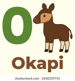 Cute okapi cartoon with the letter O. Great for alphabet flashcards, zoo-themed posters, or early learning materials. Rare rainforest animal with a giraffe–zebra twist.