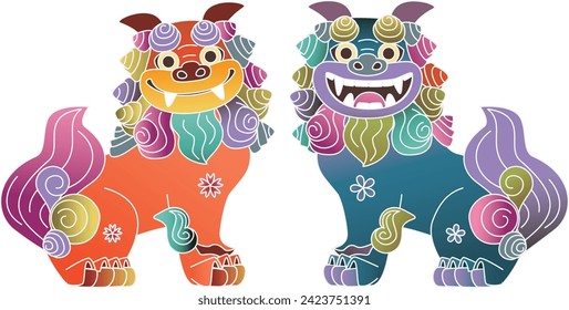 Cute Okinawan Shisa illustration in Bingata style.