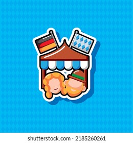 Cute oktoberfest couple sticker illustration with german and bavarian flag waving on top of the tent 