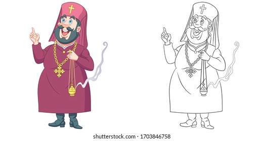 Cute old bearded priest. Coloring page and colorful clipart character. Cartoon design for t shirt print, icon, logo, label, patch or sticker. Vector illustration.