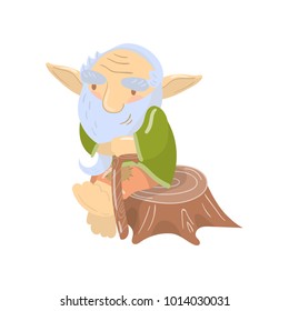 Cute old bearded troll character sitting on a stump, funny fairy tale creature cartoon vector Illustration