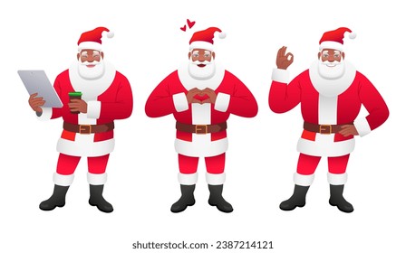 Cute old black Santa Claus with a tablet and a cup of coffee. A loving African gray-haired Santa. Cartoon Santa shows the OK gesture. Vector illustration.