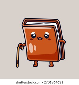 Lindo libro viejo caminando con ilustración de Vector de dibujos animados de bastón. Personas Educación Icon Concept Vector Premium aislado. Estilo plano de la historieta