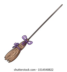 Cute old bromstick doodle. Happy Halloween related icon - magic broom. Vector isolated symbol. Cartoon image element: witch or wizard flying broom