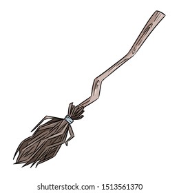 Cute old broomstick doodle. Happy Halloween related icon - magic broom. Vector isolated symbol. Cartoon image element: witch or wizard flying broom