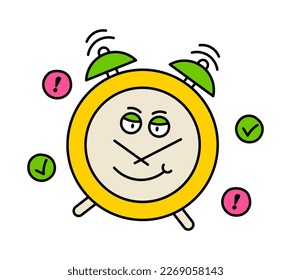 Un viejo personaje de caricatura. Concepto de gestión del tiempo. Finalización correcta de las tareas. Eficiencia y productividad. Reloj con icono hecho. Dibujo vectorial plano de dibujos animados