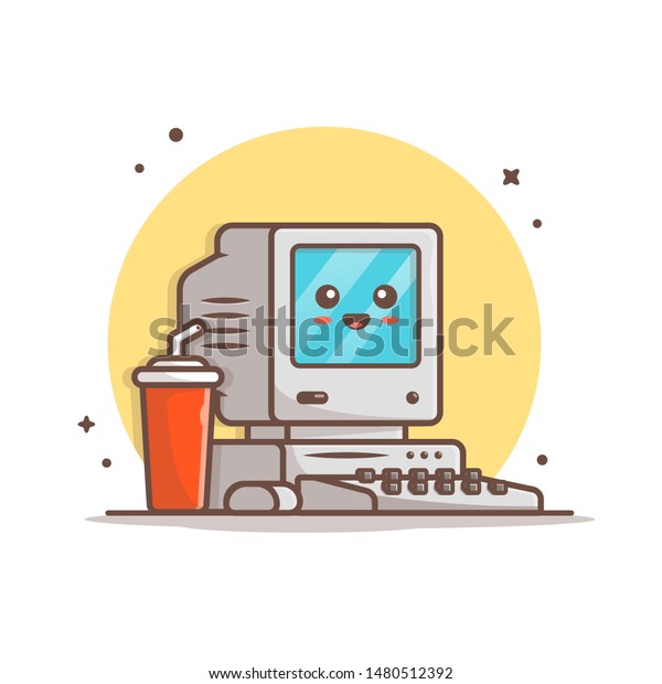 Cute Old Computer Desktop Cup Soda Stock Vector Royalty Free