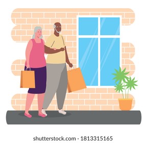cute old couple with bags shopping vector illustration design