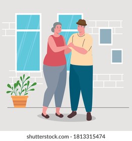 cute old couple dancing in the house vector illustration design