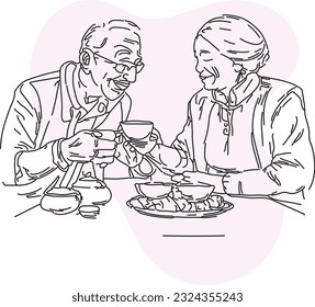 Cute old couple enjoying tea line art sketch vector illustration 