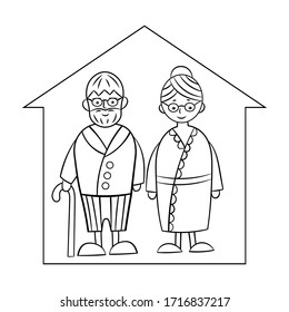 Cute old couple, gray-haired grandparents at home in isolation, coloring page for children and adults. Stay home, quarantine. Vector illustration