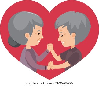 Cute old couple in heart shape background illustration