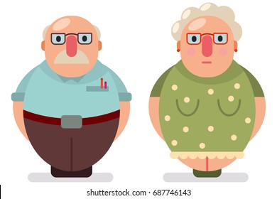 Cute old couple man and woman vector flat icons. Grandmother and grandfather in glasses cartoon character isolated on white background.