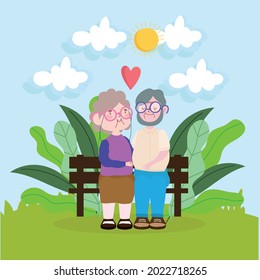 cute old couple on bench cartoon