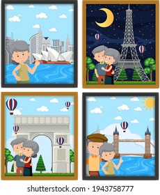 Cute old couple photo frames isolated illustration