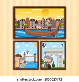 Cute old couple photo frames hanging on the wall illustration