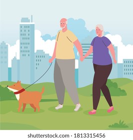 cute old couple walking the dog outdoor vector illustration design