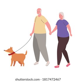 Cute Old Couple Walking With Dog Mascot Vector Illustration Design