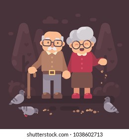 Cute old couple walking in the park and feeding pigeons. Grandparents flat illustration