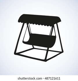 Cute old dark teeterboard stool with sun overhang isolated on white backdrop. Black ink hand drawn object sketch in art engraving retro style with space for text on sky