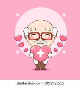Cute old Doctor holding love sign chibi character illustration