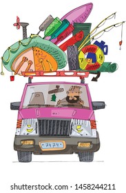 A cute old european family car with roof trunk full of outdoor equipment. Cartoon. Caricature.