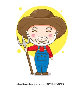 Cute Old Farmer With Fork Cartoon Character