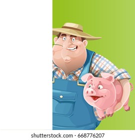 Cute old farmer with a pig and white vertical banner 