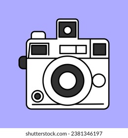 Cute old fashioned vintage camera drawn in flat style isolated on a lilac background. Photographer, carton minimalistic illustration.