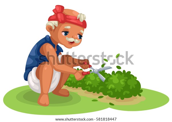 Cute Old Gardener Cutting Bushes Vector Stock Vector (Royalty Free ...
